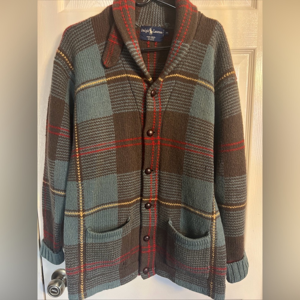 SOLD Vintage Polo Ralph Lauren Tartan Plaid Blackwatch Check Wool Cardigan